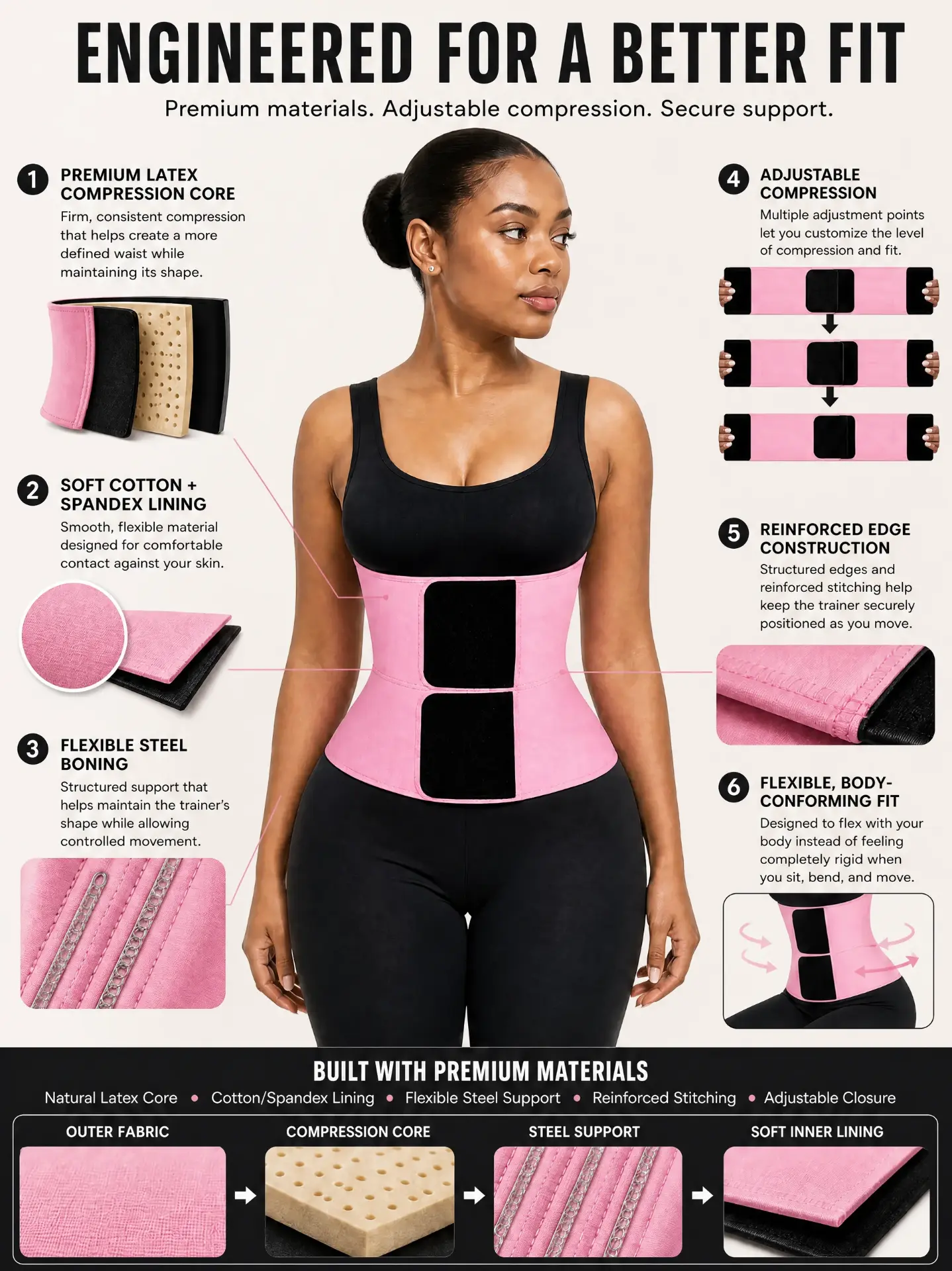 Engineered for a better fit — premium latex compression core, cotton and spandex lining, flexible steel boning, adjustable compression, reinforced edges