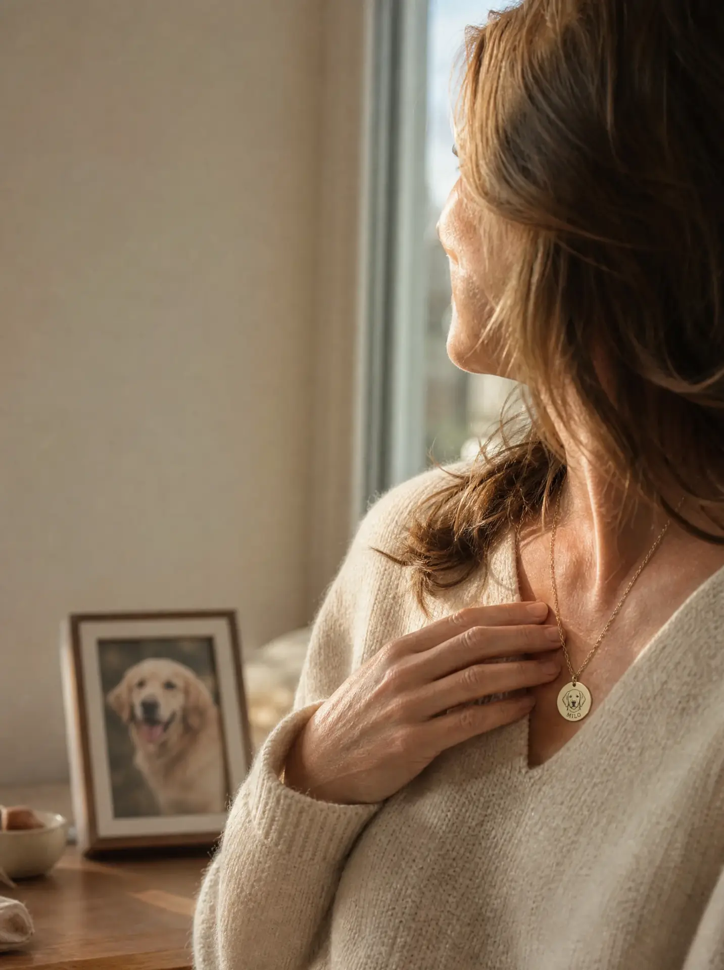 Woman wearing an engraved Seralie pendant beside a framed photo of her dog