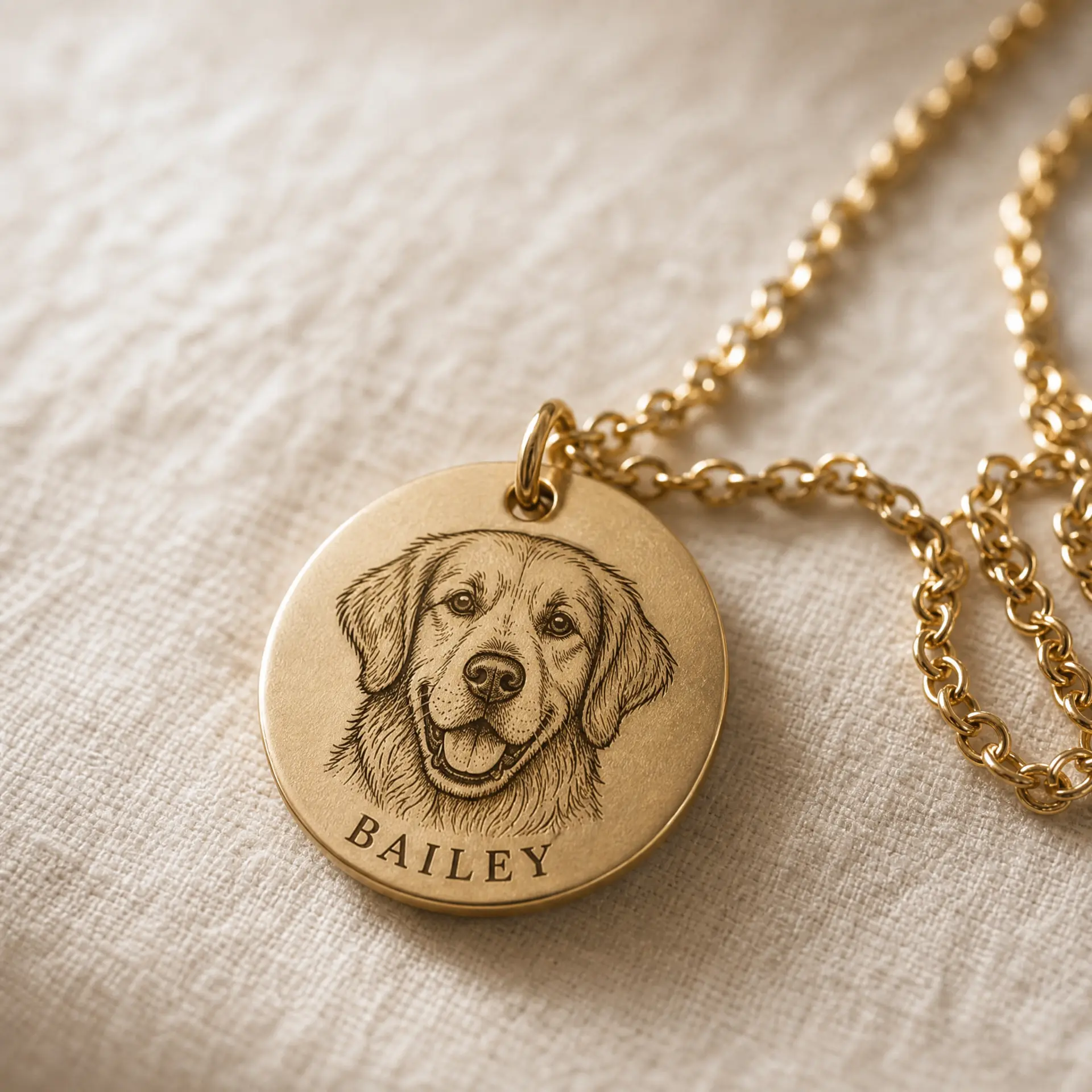 Gold pendant engraved with a golden retriever portrait and the name Bailey